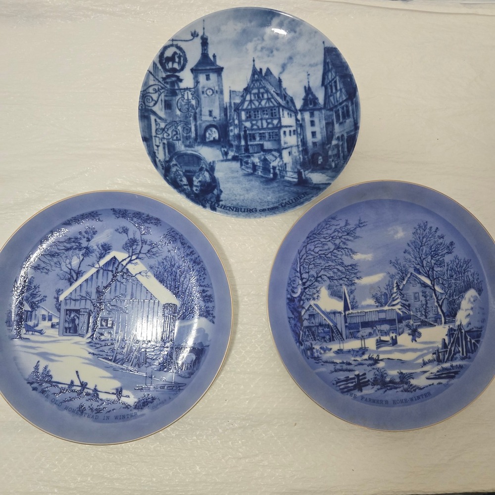 Vintage Blue White Collector Plates Kaiser Rothenburg Currier Ives Winter Set 3